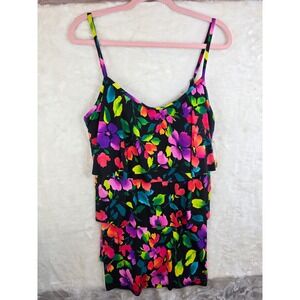Jamaica Bay Women 18W Floral Tiered Ruffle Tankini Swim Top Black Pink 1860670W